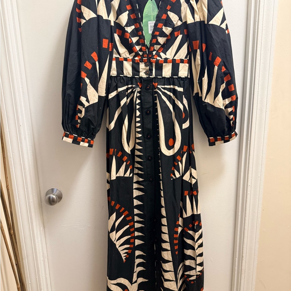 FARM Rio Black Cream and Orange Printed Long Sleeve Maxi Dress